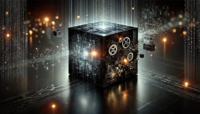 AI Black Box Problem diagram showing how data is processed through hidden layers in AI models, leading to opaque decision-making