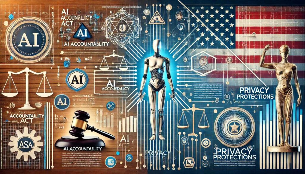 Infographic showcasing AI laws and regulations in the USA, featuring symbols of justice, governance, and technology against a backdrop of the American flag and a digital grid