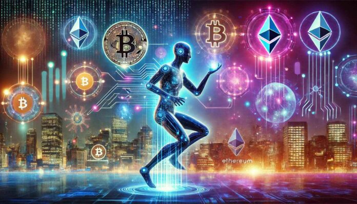 Agentic AI empowering cryptocurrency innovations with futuristic holographic displays and blockchain elements.