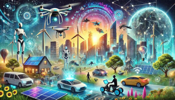 Futuristic cityscape featuring emerging technologies like flying cars, drones, AI robots, holographic displays, and renewable energy sources, with glowing neon lights and sustainable elements.