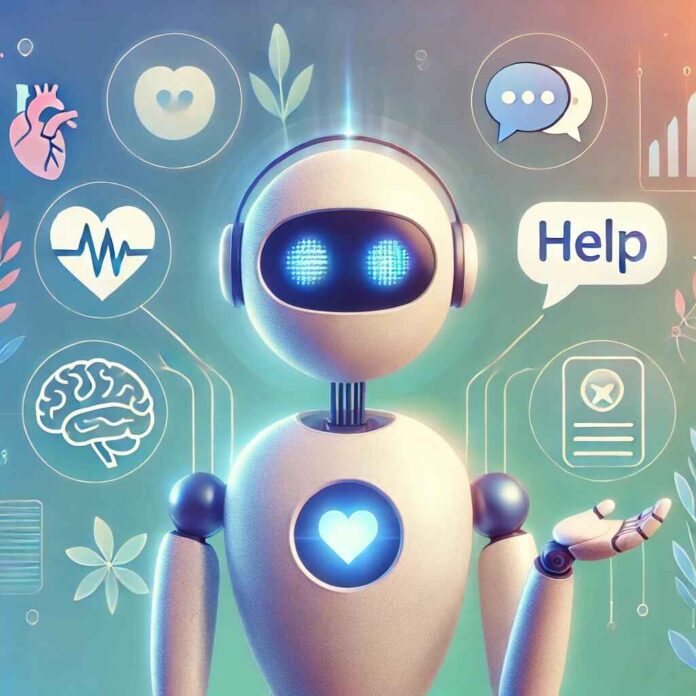 A friendly chatbot surrounded by symbols of mental wellness, such as a heart, brain, and chat bubble, representing the role of mental health chatbots in providing support and care.