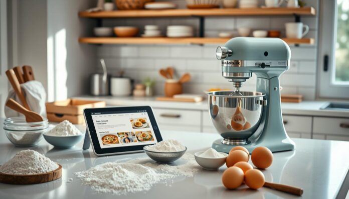 AI assisting home bakers in a modern California kitchen with smart appliances and baking tools