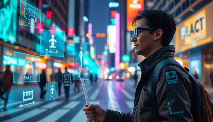 A visually impaired person using AI helps blind people navigate their surroundings.