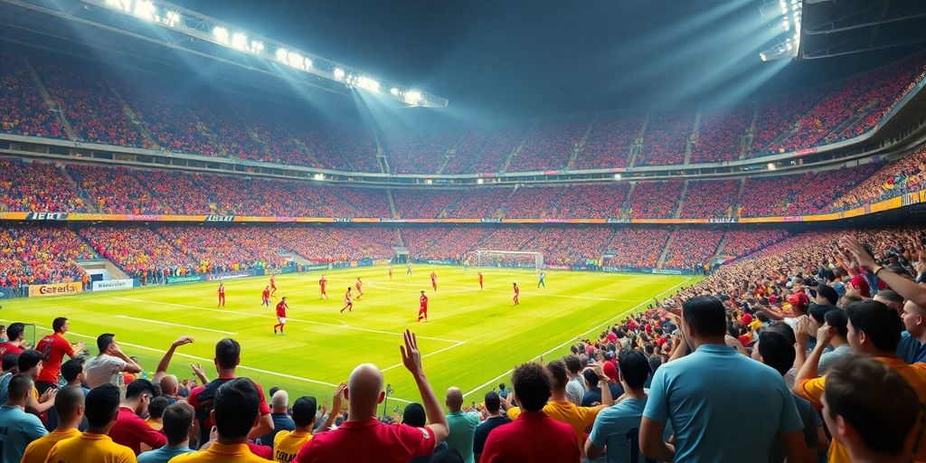 Excited fans in a vibrant soccer stadium during a game.