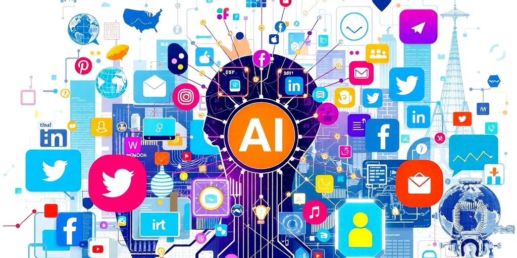 Collage of AI and social media icons in a digital setting.