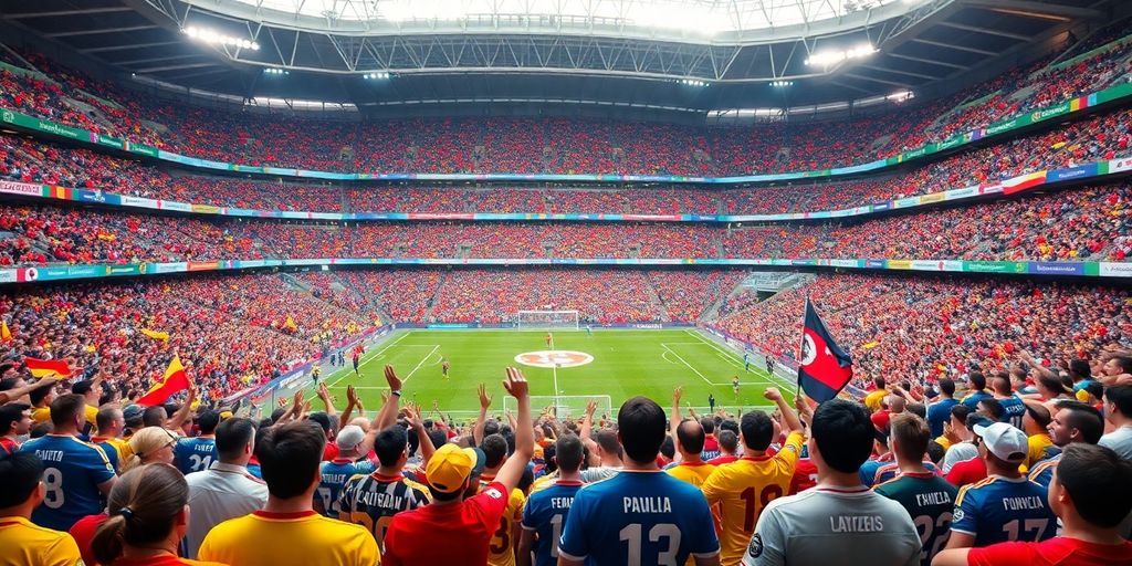 Crowd of fans in a stadium enjoying a football match.