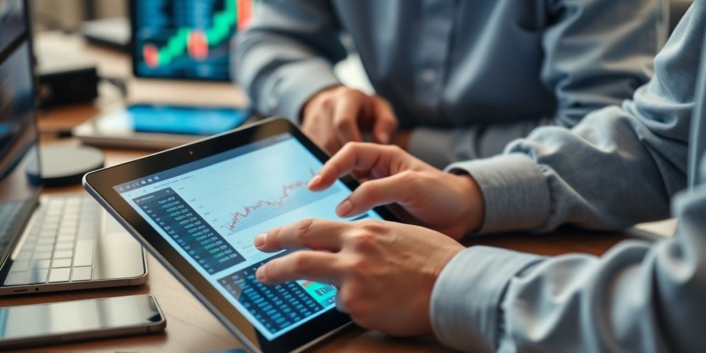 Person analyzing stock data on a tablet with technology.