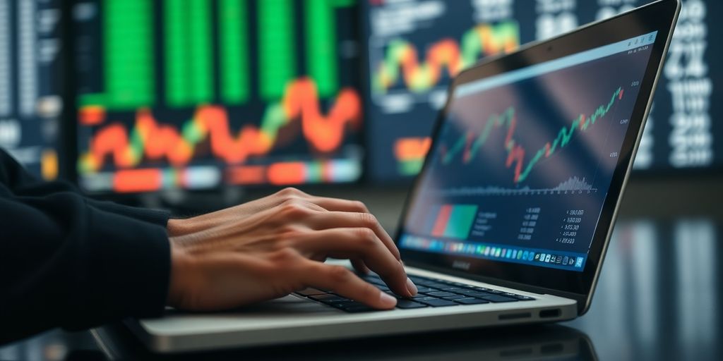 Person analyzing stock data on a laptop.