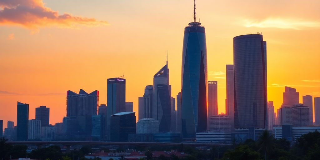 City skyline at sunset with tech buildings and nature.