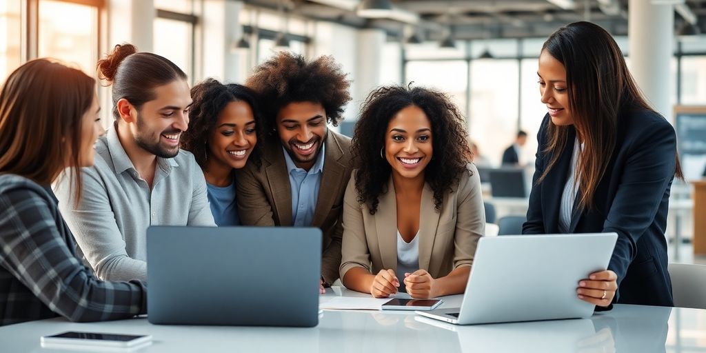 Diverse professionals collaborating in a modern office with AI.