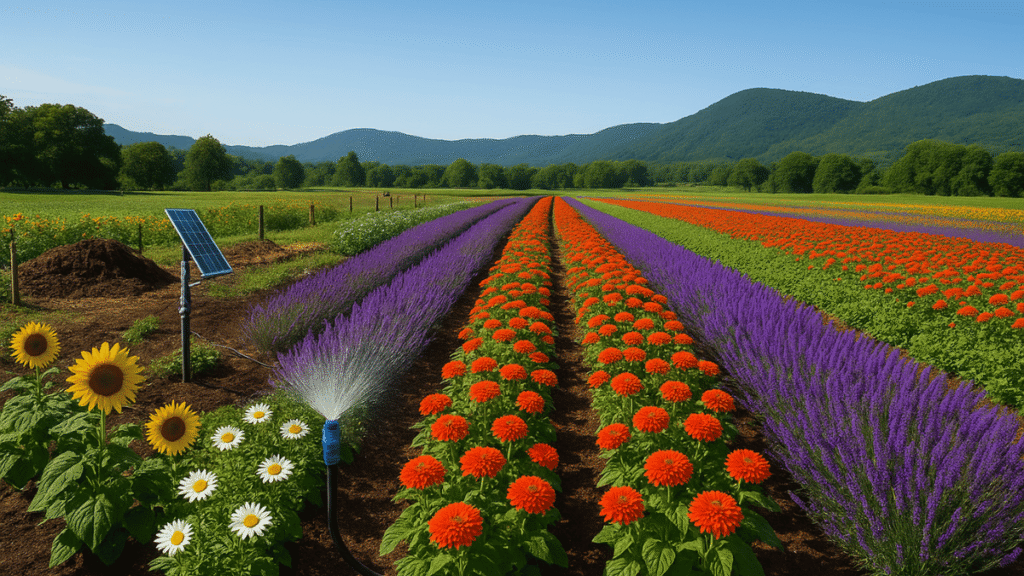 Organic flower farm in North America with solar-powered irrigation system watering rows of sunflowers, zinnias, lavender, and daisies under a clear blue sky.