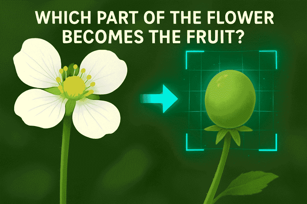 Illustration showing a flower on the left and a young fruit forming on the right, highlighting the ovary to explain which part of the flower becomes the fruit.
