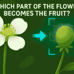 Illustration showing a flower on the left and a young fruit forming on the right, highlighting the ovary to explain which part of the flower becomes the fruit.