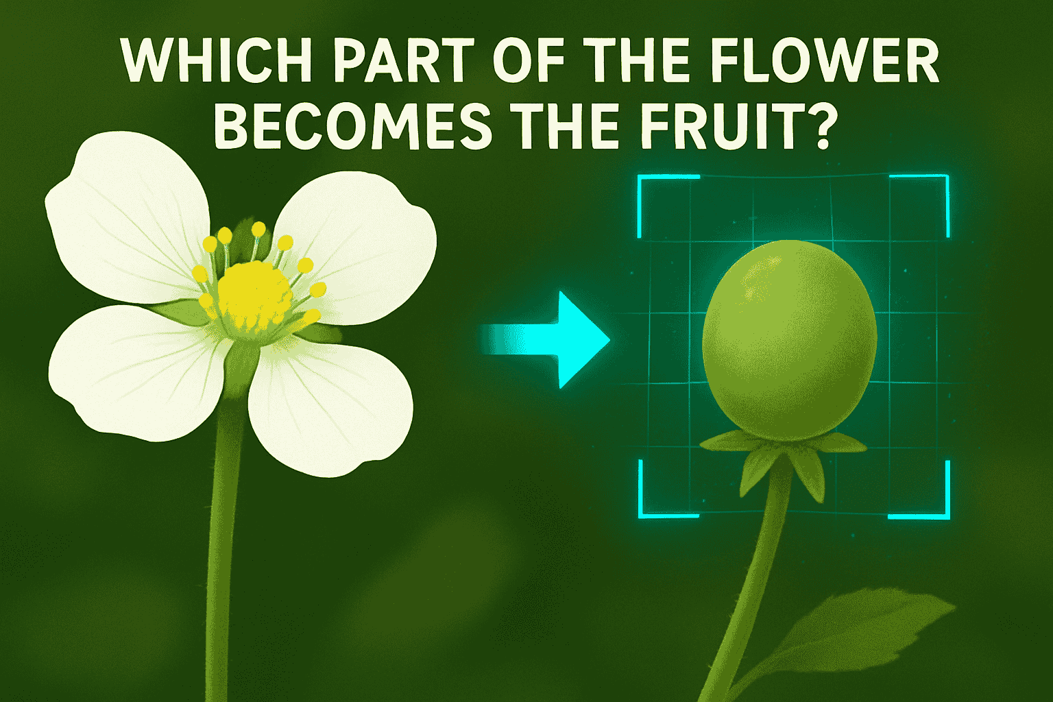 Illustration showing a flower on the left and a young fruit forming on the right, highlighting the ovary to explain which part of the flower becomes the fruit.