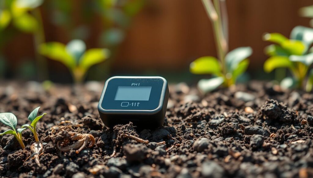 AI soil sensor placed in garden soil to measure moisture level