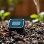 AI soil sensor placed in garden soil to measure moisture level
