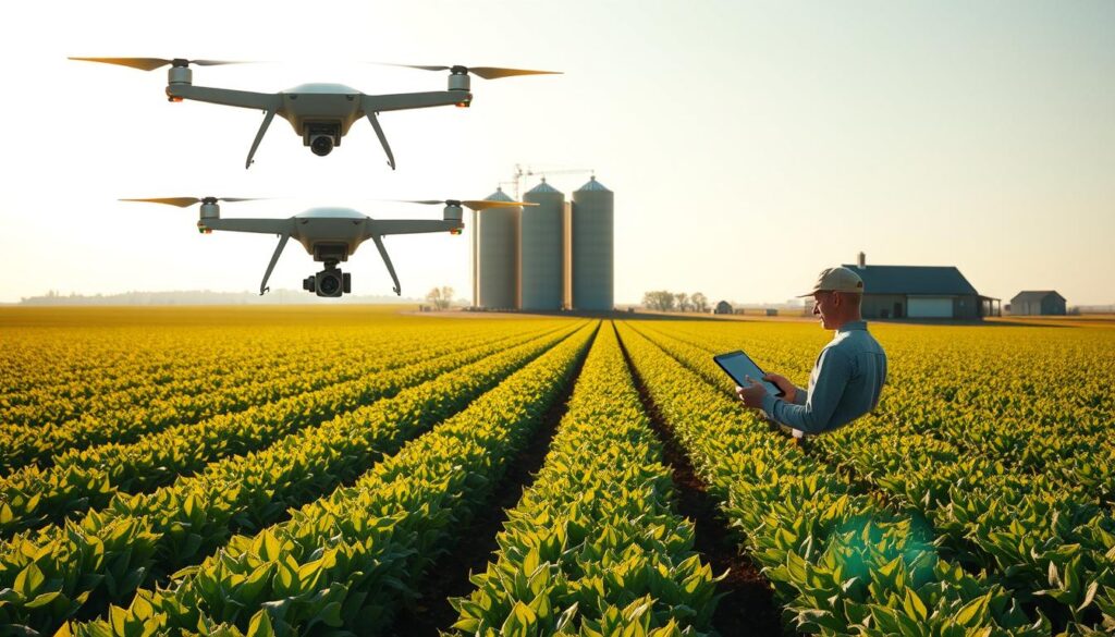 Drones flying over a crop field while a farmer uses a tablet, showing the Benefits of AI in Agriculture for monitoring plants and improving farm decisions.