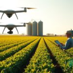 Drones flying over a crop field while a farmer uses a tablet, showing the Benefits of AI in Agriculture for monitoring plants and improving farm decisions.