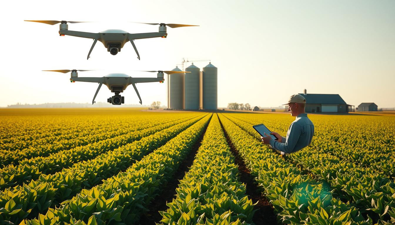 Drones flying over a crop field while a farmer uses a tablet, showing the Benefits of AI in Agriculture for monitoring plants and improving farm decisions.