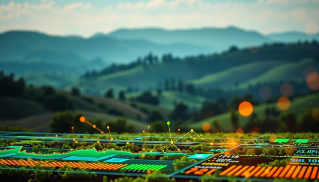 Digital crop analytics displayed over farmland showing the Benefits of AI in Agriculture for monitoring soil health and predicting yield.