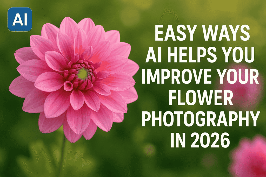 AI-enhanced flower photography featuring a bright pink dahlia with soft green background and bold title text.