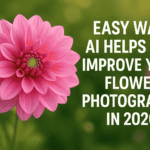 AI-enhanced flower photography featuring a bright pink dahlia with soft green background and bold title text.