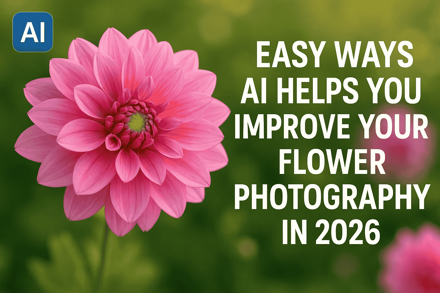AI-enhanced flower photography featuring a bright pink dahlia with soft green background and bold title text.