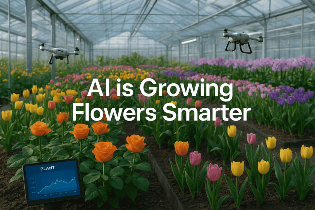 AI in flower growth technology inside a modern greenhouse with colorful flowers, drones, and sensors monitoring plant health and soil data.