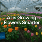 AI in flower growth technology inside a modern greenhouse with colorful flowers, drones, and sensors monitoring plant health and soil data.