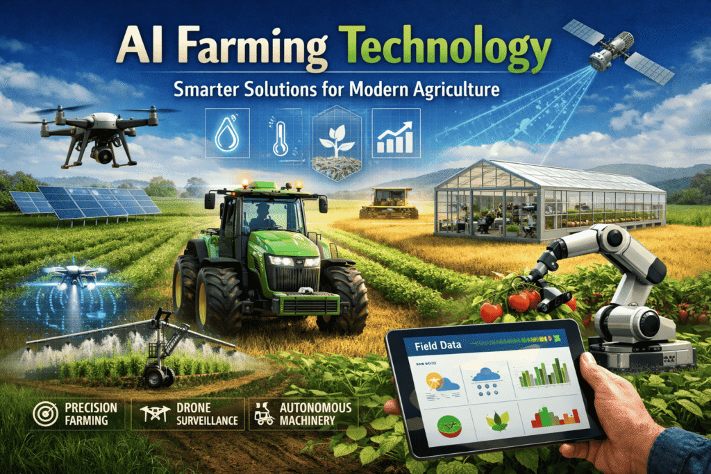 AI Farming Technology showing smart tractors, drones, robots, and sensors helping farmers monitor crops, save water, and improve modern agriculture