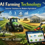 AI Farming Technology showing smart tractors, drones, robots, and sensors helping farmers monitor crops, save water, and improve modern agriculture