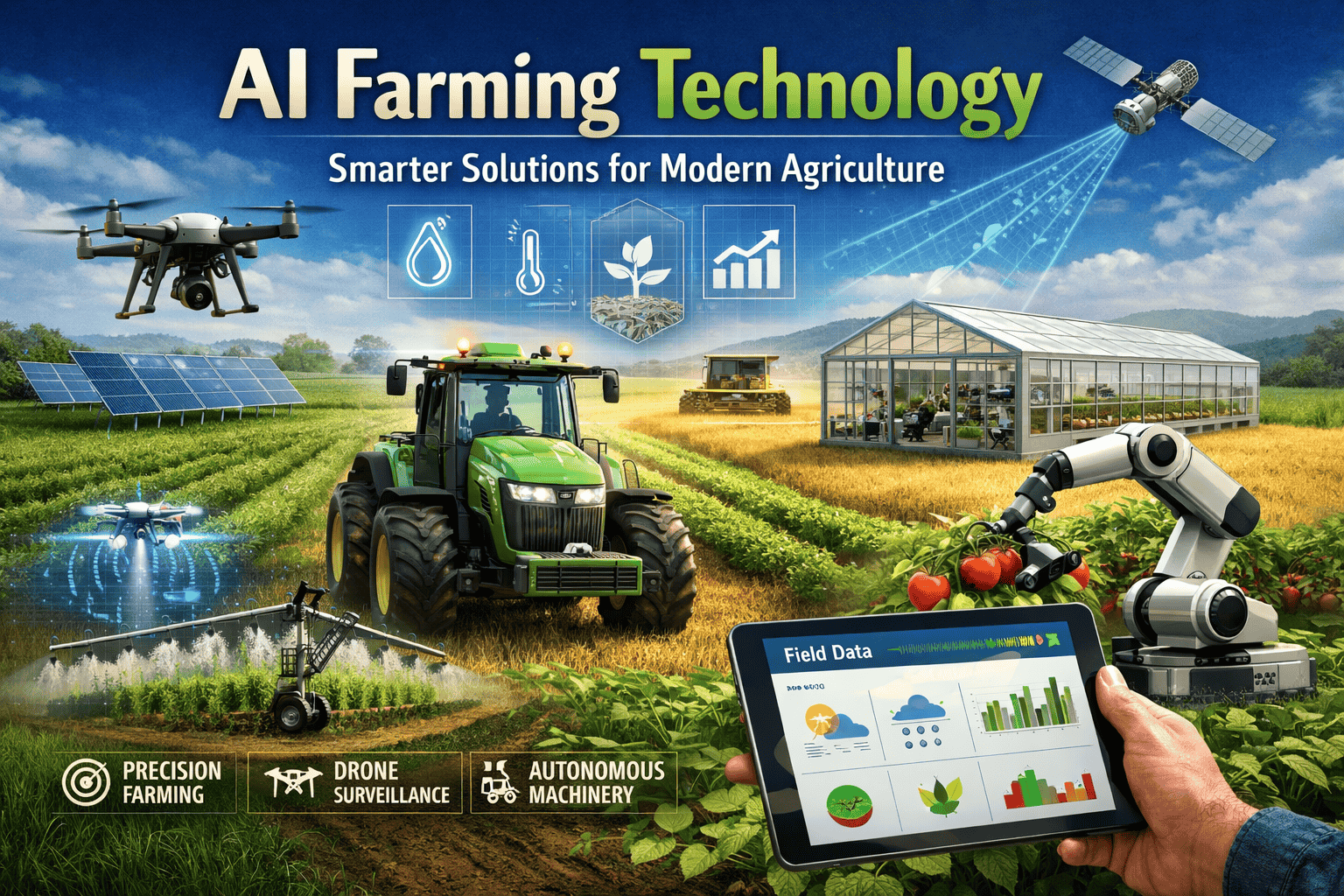 AI Farming Technology showing smart tractors, drones, robots, and sensors helping farmers monitor crops, save water, and improve modern agriculture
