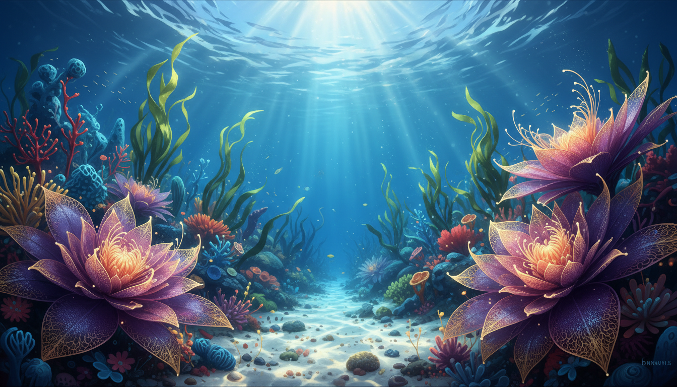 Beautiful underwater flowers in the ocean with marine plants